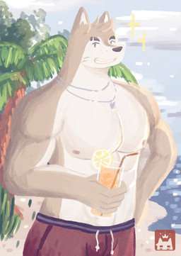 anthro barazoku beach beverage clothing detailed_background dog_tags eyebrow_slit eyebrows food fruit head_tuft holding_beverage holding_object lemon lemonade looking_aside male muscular nipples pecs plant pointy_ears smile snout solo swimming_trunks swimwear tuft whisker_spots w0lfi unnamed_character canid canine mammal digital_media_(artwork) digital_painting_(artwork) hi_res painting_(artwork)