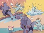 ambiguous_gender anthro bodily_fluids breath dark_ishihara fakemon feral generation_1_pokemon group humanoid humor kemono machoke machop mammal marine nintendo open_mouth partially_submerged pink_body pokemon pokemon_(species) shellder slowbro smile splash sweat water wet