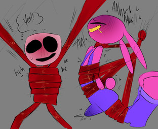 anthro aroused asphyxiation bdsm blush bodily_fluids bondage bound choking clothing drooling duo erection erection_under_clothing erotic_asphyxiation female genital_fluids hands_tied_behind_back male mask moan motion_lines precum precum_stain precum_through_clothing restraints rope rope_bondage rope_harness saliva submissive submissive_male suspension suspension_bondage sweat sweatdrop tail tail_motion tailwag tears tears_of_pleasure thought_bubble wet wet_clothing wrapped_around karnthud glitch_productions the_amazing_digital_circus evil_jax_(tadc) gangle_(tadc) animate_inanimate humanoid lagomorph leporid living_mask mammal rabbit absurd_res hi_res