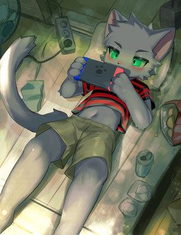 anthro beverage_can bottomwear chips_(food) clothing food fur gaming green_eyes grey_body grey_fur holding_nintendo_switch kemono lying male navel on_back on_ground pattern_clothing pattern_shirt pattern_topwear playing_video_game shirt shorts solo striped_clothing striped_shirt striped_topwear stripes topwear young young_anthro young_male min_furry domestic_cat felid feline felis mammal 2026 absurd_res hi_res