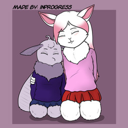 anthro clothing cuddling duo female hug male sitting young young_anthro young_female inprogress juno_(inprogress) arthropod insect lagomorph lepidopteran leporid mammal moth rabbit 1:1 hi_res