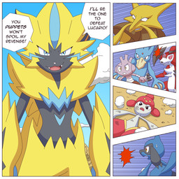 ambiguous_gender anthro blue_body dialogue fur group red_body red_eyes red_fur smile text white_body white_fur yellow_body yellow_fur ragster_(artist) nintendo pokemon alakazam avian bird canid canine generation_1_pokemon generation_4_pokemon generation_7_pokemon golduck legendary_pokemon lycanroc mammal midnight_lycanroc pokemon_(species) riolu zeraora 1:1 comic digital_media_(artwork) english_text hi_res