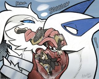 blush bodily_fluids body_in_mouth extreme_size_difference french_kissing group kissing long_tongue male oral_vore saliva saliva_on_face saliva_on_tongue saliva_string size_difference steam steamy_breath thick_tongue tongue tongue_out trio tug_of_vore vore arkailart nintendo pokemon arkail_(randomlucario) canid canine canis generation_2_pokemon generation_5_pokemon jackal legendary_pokemon lugia mammal pokemon_(species) reshiram 5:4 absurd_res hi_res