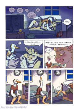 5_fingers anthro anthro_on_anthro barefoot blush bottomwear breasts clock clothed clothed_anthro clothed_female clothed_male clothing dialogue dress duo electronics feathers feet female fingers flustered fur furniture hooves humanoid_hands interspecies interspecies_romance kissing lying lying_on_sofa male male/female night on_back on_sofa page_number romantic romantic_ambiance romantic_couple romantic_night shirt shorts smile sofa speech_bubble tail tan_body tan_fur television text topwear white_body white_feathers kantachibli clover_(kantachibli) phillip_(kantachibli) avian bird bovid bovine cattle heron mammal pelecaniform comic english_text hi_res url