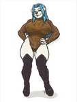 anthro big_breasts black_nose blue_hair boots breasts clothed clothing female footwear fur hair shoes solo white_body white_fur thetiedtigress bear mammal polar_bear ursine 3:4