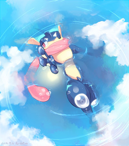 ambiguous_gender blue_sky clear_sky cloud floating looking_at_viewer mangaka one_eye_closed outside reaching_towards_viewer red_eyes reflection sky solo sun water wink fu-setsu yukigashi nintendo pokemon amphibian generation_6_pokemon greninja pokemon_(species) 2014