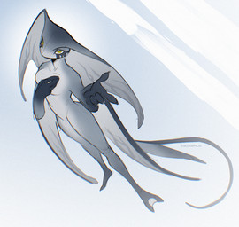 abstract_background anthro bird's-eye_view breasts featureless_breasts female front_view high-angle_view looking_at_viewer medium_breasts non-mammal_breasts reaching_towards_viewer simple_background solo yellow_eyes ksejl aquatic fish ray_(fish) stingray full-length_portrait hi_res portrait