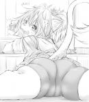 anthro blush bottomwear butt camel_toe claws clothed clothing female hair kemono looking_at_viewer looking_back lying on_front open_mouth open_smile ponytail pupils raised_tail rear_view shorts slit_pupils smile solo spandex spandex_shorts spread_legs spreading tail tight_bottomwear tight_clothing tight_shorts young koishi_chikasa domestic_cat felid feline felis mammal greyscale hi_res monochrome