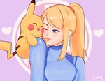 blonde_hair blue_eyes breasts clothing duo female hair heart_symbol light_body light_skin lipstick long_hair makeup markings mole_(marking) open_mouth open_smile ponytail simple_background smile yellow_body zero_suit juunibug metroid nintendo pokemon samus_aran generation_1_pokemon human mammal pikachu pokemon_(species) absurd_res crossover hi_res signature