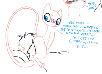 ambiguous_gender blush confusion dialogue duo face_in_ass facesitting feral hair male paws rubbing_butt_in_face simple_background sitting_on_another smothering tail text under_covers hoosierman9911a game_freak nintendo pokemon jon_(hoosierman9911a) felid feline felis generation_1_pokemon human legendary_pokemon mammal mew_(pokemon) pokemon_(species) 2023 comic digital_media_(artwork) english_text signature sketch