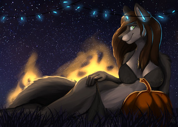 anthro arm_support breasts female fire food fruit green_eyes hair hand_on_hip jewelry lights long_hair looking_at_viewer necklace night outside plant pumpkin reclining sky smile solo star starry_sky rudzik auya canid canine canis mammal wolf digital_media_(artwork) hi_res