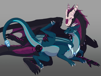 2_horns 3_toes 4_toes accessory anthro anthro_on_anthro anthro_penetrated anthro_penetrating anthro_penetrating_anthro anus back_wings bent_legs bioluminescence black_body black_claws black_membrane black_penis black_toe_claws blue_body blue_markings blue_membrane bodily_fluids bone bone_mask cheek_frill claws countershade_neck countershade_scales countershade_tail countershade_torso countershading curved_tail duo erection feet female female_feral female_penetrated feral folded_wings foot_markings frill_(anatomy) from_behind_position furgonomics genital_fluids genital_markings genitals glowing glowing_markings gradient_background grey_background grey_body grey_countershading head_crest head_frill head_horn horn horn_accessory intraspecies jewelry knot larger_male leg_grab leg_markings light_eyes long_neck looking_at_another looking_at_partner lying male male/female male_feral male_penetrating male_penetrating_female markings mask membrane_(anatomy) membranous_wings mouth_closed neck_markings necklace neckwear on_side one_leg_up open_mouth penetration penile penile_penetration penis penis_in_vagina penis_markings pink_markings purple_body purple_countershading purple_membrane purple_scales raised_leg rattle_(anatomy) red_eyes ridged_horn scales sex simple_background size_difference skull skull_mask smaller_female smaller_penetrated spoon_position tail tail_frill tail_markings tapering_tail teeth text thigh_grab toe_claws toes vaginal vaginal_penetration ventral_scales wavy_horn webbed_feet white_claws white_horn white_toe_claws wing_claws wings sinpufff european_mythology mythology aysu_(roxannetheokami) virul dragon mythological_creature mythological_scalie scalie western_dragon winged_dragon 2022 4:3 artist_name digital_media_(artwork) shaded simple_shading