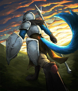 ambiguous_gender armor blue_body blue_fur forced_perspective fur headgear helmet knight melee_weapon moody polearm shield solo spear sunset tail warrior weapon diagamon nintendo pokemon generation_4_pokemon lucario pokemon_(species)