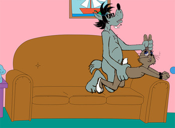 anthro cigarette cuff_(restraint) duo eyewear furniture glasses interspecies male male/male nude photo restraints russian sex shackles smoke smoking sofa zfilm soyuzmultfilm the_simpsons well_just_you_wait! volk_(wjyw) zayats_(wjyw) canid canine canis hare lagomorph leporid mammal wolf
