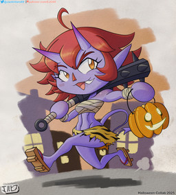 clothed clothing fangs female freckles hair hammer holidays horn looking_at_viewer not_furry purple_body red_hair solo teeth tools yellow_eyes jackintaro animal_crossing asian_mythology east_asian_mythology halloween japanese_mythology mythology nintendo fan_character villager_(animal_crossing) demon horned_humanoid humanoid mammal oni yokai absurd_res hi_res