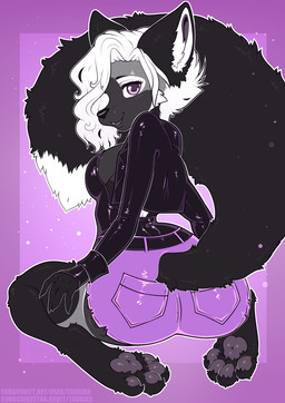 anthro black_body bottomwear clothing female grey_body jacket latex looking_back lying multicolored_body presenting purple_eyes shorts sitting smile solo topwear underwear conditional_dnp taurika canid canine fox mammal hi_res