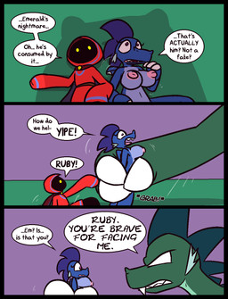 anthro big_breasts black_body blue_clothing blue_hood blue_robe breasts cape carrying_another clothing dialogue feral green_body green_hair green_scales hair larger_feral larger_male male nipples no_pupils nude pink_nipples purple_body purple_eyes purple_hair purple_scales red_cape red_clothing red_hood red_robe robe scales sharp_teeth size_difference smaller_anthro smaller_feral smaller_humanoid smaller_male speech_bubble teeth text white_eyes yellow_eyes ultilix european_mythology mythology emerald_(ultilix) leo_the_magician ruby_(ultilix) dragon humanoid mythological_creature mythological_scalie scalie shadow_creature western_dragon 2026 comic english_text hi_res brother_(lore) brother_and_sister_(lore) sibling_(lore) sister_(lore)