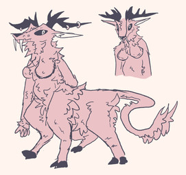 breasts fangs female female_taur fluffy fur horn horn_jewelry jewelry pink_body pink_fur simple_background solo teeth woodhouse3d deer deer_taur mammal mammal_taur taur hi_res busty_boy_(lore)