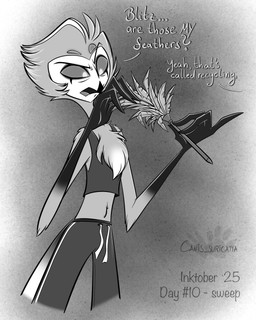 4_fingers anthro beak bottomwear chest_tuft cleaning_tool clothed clothing dialogue feather_duster feathers fingers holding_cleaning_tool holding_feather_duster holding_object male multi_eye open_mouth pants shirt solo tank_top text topwear tuft atimon hellaverse helluva_boss stolas_(helluva_boss) avian demon 2025 4:5 english_text hi_res monochrome signature