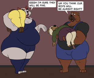 anthro big_butt black_clothing black_eyes black_nose black_shirt black_t-shirt black_topwear blue_clothing blue_leg_warmers blue_legwear blue_one-piece_swimsuit blue_overalls bottomwear brown_body brown_ears brown_fur brown_nose brown_tail butt carrying_another clothing dialogue drunk eyebrows fur gesture green_clothing green_sweater green_topwear grey_body grey_fur group hand_gesture holding_another huge_butt inside leg_warmers legwear looking_at_another looking_away male moobs multicolored_body multicolored_fur obese obese_anthro obese_male on_shoulder one-piece_swimsuit overalls overweight overweight_anthro overweight_male pants purple_bottomwear purple_clothing purple_shorts question question_mark raised_eyebrow shirt shorts smile speech_bubble spiral spiral_eyes standing substance_intoxication sweater swimwear t-shirt tail teeth text thick_thighs tongue topwear two_tone_body two_tone_fur unconscious yellow_bottomwear yellow_clothing yellow_pants colossalstars bendro_(colossalstars) billy_(colossalstars) bradford_(colossalstars) skylar_lows_(colossalstars) bulldog canid canine canis domestic_cat domestic_dog felid feline felis mammal mastiff molosser pug small_molosser toy_dog 2026 6:5 absurd_res digital_media_(artwork) english_text hi_res