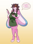 anthro apron apron_only big_breasts breast_squish breasts clothed clothing dialogue female floppy_ears holding_object huge_breasts lop_ears nipple_piercing nipple_slip nipples piercing pink_body pose skimpy solo speech_bubble squish waiter vitpla remmy_(remybunny) lagomorph leporid mammal rabbit hi_res pinup trans_(lore) trans_woman_(lore)