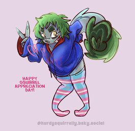 anthro clothed clothing eyebrows female footwear gesture hand_gesture hoodie legwear oversized_clothing pantsless socks solo sparkles sparkling_eyes text thick_eyebrows thigh_highs thigh_socks topwear v_sign hurdysquirrelly squirrel_appreciation_day topeka_(hurdysquirrelly) grey_squirrel mammal rodent sciurid tree_squirrel absurd_res english_text hi_res