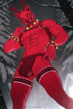 abs anthro bell bulge christmas_clothing clothed clothing costume deer_costume detailed_bulge gold_bell harness holidays jockstrap licking looking_at_viewer low-angle_view male muscular muscular_male muzzle_(object) nails nature nature_background nipples pose red_body snow snowing solo teeth tongue topless topless_male underwear vein veiny_muscles road~abelgeym christmas canid canine mammal absurd_res hi_res pinup