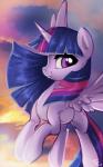 2017 cloud cutie_mark detailed_background equid equine feathered_wings feathers female feral fidzfox friendship_is_magic hair hasbro hi_res horn looking_at_viewer mammal multicolored_hair my_little_pony mythological_creature mythological_equine mythology outside purple_body purple_eyes purple_feathers sky smile solo twilight_sparkle_(mlp) winged_unicorn wings