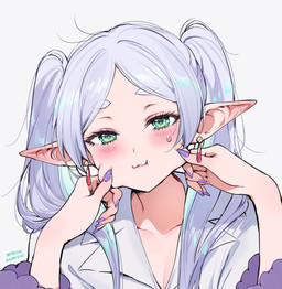 :3 blush blush_lines bodily_fluids cheek_pinch clothing colored_nails duo ear_piercing eyebrows faceless_character faceless_female faceless_human female female/female female_human female_humanoid first_person_view green_eyes hair human_pov humanoid_focus humanoid_pointy_ears long_hair looking_at_viewer nails not_furry piercing pinch pointy_ears purple_nails shirt simple_background solo_focus sweat text topwear twintails_(hairstyle) white_background white_clothing white_eyebrows white_hair white_shirt white_topwear qiandaiyiyu frieren_beyond_journey's_end fern_(frieren) frieren elf human humanoid mammal absurd_res digital_drawing_(artwork) digital_media_(artwork) hi_res url