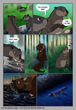 beaver_tail chewing dam dialogue feral hunting outside plant running text tree water wood bitterstrawberries echo_(bitterstrawberries) husq_(bitterstrawberries) kobalt_(bitterstrawberries) aquatic arthropod beaver crayfish crustacean decapod fisher_(animal) gulonine malacostracan mammal mustelid musteline rodent comic english_text hi_res