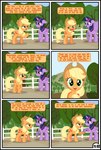 2022 applejack_(mlp) base_three_layout blonde_hair blush clothing colored comic cowboy_hat dialogue duo english_text equid equine feathers female female/female feral friendship_is_magic grid_layout gutovi-kun hair hasbro hat headgear headwear hi_res horn mammal my_little_pony mythological_creature mythological_equine mythology outside plant purple_body purple_feathers six_frame_grid six_frame_image text three_row_layout tree twilight_sparkle_(mlp) winged_unicorn wings