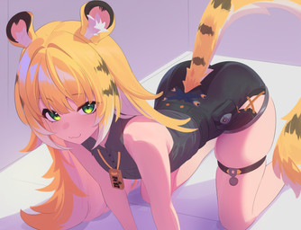 all_fours animal_ears bare_legs bare_shoulders belt bent_over black_bottomwear black_clothing black_shorts blonde_hair bottomwear cat_smile clothing collared_shirt dress_shirt female fluffy_ears glistening glistening_hair green_eyes grey_dress_shirt hair long_hair markings raised_tail shirt shorts sleeveless_shirt striped_hair striped_markings striped_tail stripes tail tail_markings thigh_strap topwear white_hair anonds31 mihoyo zenless_zone_zero ju_fufu animal_humanoid felid felid_humanoid humanoid mammal mammal_humanoid pantherine pantherine_humanoid thiren tiger_humanoid absurd_res hi_res