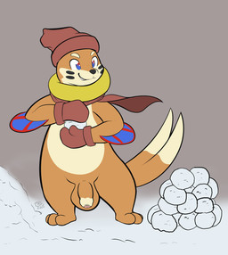 anthro arm_fin balls big_balls black_markings black_nose blue_eyes clothing dipstick_tail eyebrows facial_markings fin flaccid foreskin forked_tail fur genitals glans handwear hat head_markings headgear headwear male markings mittens mostly_nude orange_balls orange_body orange_fur orange_penis partially_retracted_foreskin penis red_eyes scarf smile snow snowball solo standing tail tail_markings tan_body tan_fur tan_penis unusual_anatomy unusual_tail zriartz nintendo pokemon buizel generation_4_pokemon pokemon_(species) 2025 hi_res signature