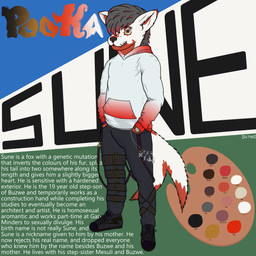 anthro bottomwear chain clock clothing eyebrow_piercing facial_piercing footwear forked_tail highlights_(coloring) hoodie leg_strap lip_piercing logo male mouth_piercing palette pants piercing red_highlights shoelaces shoes simple_background sneakers solo suspenders tail text topwear unusual_anatomy unusual_tail watch white_body wristband pookashifts sune_kiuon canid canine fox mammal 1:1 absurd_res artist_logo artist_name character_name english_text hi_res international_phonetic_alphabet shaded