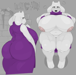 anthro areola big_breasts big_butt blush bodily_fluids breasts butt clothed clothing clothing_lift dress drooling eyes_popping_out female flashing flashing_breasts fur genitals grey_background heart_symbol huge_breasts huge_butt humor lifting_up looking_back multicolored_clothing nipple_outline nipples nude open_mouth pink_areola pink_nipples purple_clothing purple_dress purple_robe robe robe_lift saliva simple_background slightly_chubby solo steam text tight_clothing vulva white_body white_fur white_sleeves kaydude undertale_(series) toriel boss_monster_(undertale) bovid caprine goat mammal soul_(undertale) absurd_res english_text hi_res unavailable_at_source