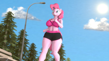 anthro athletic_wear bench bodily_fluids cloud exercise female jogging midriff outside park park_bench plant sky smile solo sun sweat thick_thighs tree wide_eyed workout neondonut friendship_is_magic hasbro my_little_pony pinkie_pie_(mlp) equid equine horse mammal pony 16:9 3d_(artwork) digital_media_(artwork) hi_res source_filmmaker_(artwork) widescreen