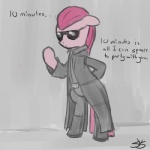 clothing cosplay costume eyewear female fur hair parody pink_body pink_fur pink_hair simple_background solo straight_hair sunglasses tail text speccysy capcom friendship_is_magic hasbro my_little_pony resident_evil albert_wesker pinkamena_(mlp) pinkie_pie_(mlp) earth_pony equid equine horse mammal pony 1:1 2011 crossover english_text source_request