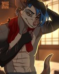 abs anthro athletic athletic_male bedroom_eyes blue_hair ear_piercing ear_ring fur hair male narrowed_eyes piercing ring_piercing scar seductive smile solo tail fleki kalus american_opossum mammal marsupial virginia_opossum digital_media_(artwork) hi_res