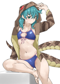 4_eyes barefoot being_watched bikini bikini_bottom bikini_top blue_hair bodily_fluids breasts cleavage_cutout clothed clothing cube_(object) cutout embarrassed embarrassed_female exposed_leg eyebrows feet female flat_chested green_eyes hair holding_clothing holding_hoodie holding_object holding_topwear hoodie kneecap large_scales leaning living_tail looking_at_another markings multi_eye multicolored_hoodie navel nervous on_one_leg outline pantsless pattern_clothing pattern_hoodie pattern_topwear pigtails pink_bow pink_outline pockets purple_bikini purple_bikini_bottom purple_bikini_top purple_clothing purple_swimwear red_eyes ribs scales simple_background sitting_on_another small_breasts snake_hood snake_tail solo standing striped_clothing striped_hoodie striped_markings striped_tail striped_topwear stripes sweat sweatdrop swimwear tail tail_markings tan_clothing tan_hoodie tan_topwear thick_tail toes topwear two-piece_swimsuit underbelly unusual_anatomy unusual_clothing unusual_tail tanabeai asian_mythology east_asian_mythology japanese_mythology kemono_friends mythology tsuchinoko_(kemono_friends) animal_humanoid cryptid humanoid mythological_creature mythological_scalie reptile reptile_humanoid scalie scalie_humanoid snake snake_humanoid tsuchinoko yokai 2025 hi_res japanese_description