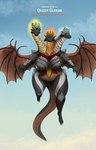 3_heads 4_fingers 4_toes angry anthro armor armor_plates belly big_belly big_breasts black_body breasts feet female fingers flying glowing membrane_(anatomy) membranous_wings multi_head nails navel orange_eyes overweight scales sharp_nails sharp_teeth sky skyscape smile solo teeth text toes wide_hips wings orangesnake nintendo tears_of_the_kingdom the_legend_of_zelda gleeok king_gleeok scalie absurd_res hi_res