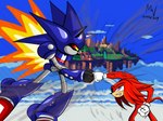 angel_island anthro battle biped blue_body clothing duo fangs fight fighting_pose fist fur hair handwear jet_pack machine male male/male mittens muscular pose purple_eyes red_body red_fur red_hair teeth sumawesum sega sonic_the_hedgehog_(series) knuckles_the_echidna mecha_sonic_mark_ii echidna living_machine mammal monotreme robot absurd_res hi_res