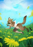 anthro blonde_hair dandelion detailed_background female flower hair mostly_nude naturally_censored one_eye_closed outside plant smile solo species_transformation transformation nakitacat steins;gate amane_suzuha canid canine canis mammal wolf 2019 hi_res