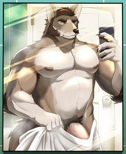anthro areola biceps cellphone claws electronics eyebrows facial_hair forearm_muscles genitals holding_cellphone holding_object holding_phone holding_smartphone humanoid_genitalia humanoid_hands humanoid_penis male mirror mirror_selfie muscular muscular_anthro muscular_male nipples pecs penis phone pubes selfie sideburns smartphone solo stocky towel towel_only vein veiny_penis ventral_groove vhb3art echo_(series) echo_project the_smoke_room william_adler canid canine canis coyote mammal 2024 colored hi_res