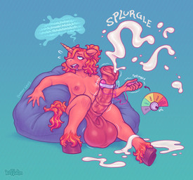 animal_genitalia animal_penis anthro balls bean_bag bodily_fluids breasts cum cumshot dialogue drooling ejaculation equine_genitalia equine_penis erection genital_fluids genitals green_background gynomorph hair holding_object hooves horn intersex keysmash_text looking_up navel nipples nude open_mouth penis red_body red_hair saliva sex_toy simple_background sitting smile solo tail keffotin mythology equid equine mammal mythological_creature mythological_equine unicorn 2022 digital_media_(artwork) hi_res trans_(lore) trans_woman_(lore)