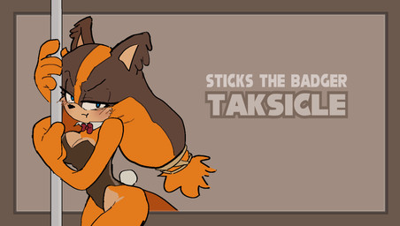 anthro black_nose blue_eyes blush bow_tie breasts brown_body brown_clothing brown_fur brown_leotard bunny_costume cleavage clothed clothing costume eyelashes female front_view fur grey_background leotard looking_at_viewer orange_body orange_fur pole pouting red_bow_tie simple_background solo stripper_pole tan_body tan_fur text tako_friend sega sonic_boom sonic_the_hedgehog_(series) sticks_the_jungle_badger badger mammal mustelid musteline hi_res