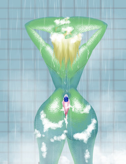 anthro bathing big_butt blonde_hair butt female green_body green_skin hair object_between_cheeks rear_view showering soap solo wet salcamanj_(artist) froppei_(salcamanj) amphibian frog hi_res