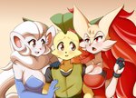 anthro big_breasts big_ears blush braixen bray_(lucyfercomic) breasts cinccina_(lucyfercomic) cinccino cleavage clothed clothing eeveelution female generation_4_pokemon generation_5_pokemon generation_6_pokemon group hi_res inner_ear_fluff kaito_(inarifox) leafeon lucyfercomic male male/female mammal nintendo pokemon pokemon_(species) surrounded trio tuft