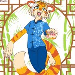 anthro blue_eyes claws clothed clothing growling jumping looking_at_viewer male orange_body simple_background smile smiling_at_viewer solo tsarinart felid mammal pantherine tiger 1:1 hi_res