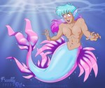 blush ear_fins femboy fin hair implied_transformation iridescent iridescent_fin iridescent_hair iridescent_tail male membrane_(anatomy) navel nipples pecs smile solo sparkles split_form underwater water webbed_hands frankly-art animal_humanoid humanoid marine marine_humanoid merfolk