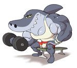 anthro biceps bottomwear clothing exercise fin flexing grey_body gym looking_at_viewer male muscular muscular_anthro muscular_male pecs shark_fin shirt shorts solo tank_top teeth topwear weightlifting workout analon_(artist) zig_and_sharko sharko fish marine shark